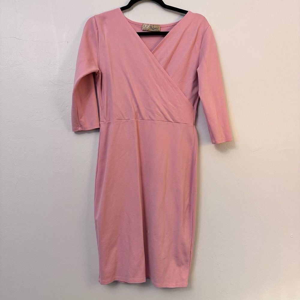 Hybrid & Company V Neck 3/4 Sleeve Faux Wrap Shift Mini Dress Pink Size Large